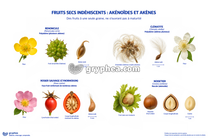 Fruits secs indéhiscents - Akénoïdes et akènes - planche 1 - gryphea.com